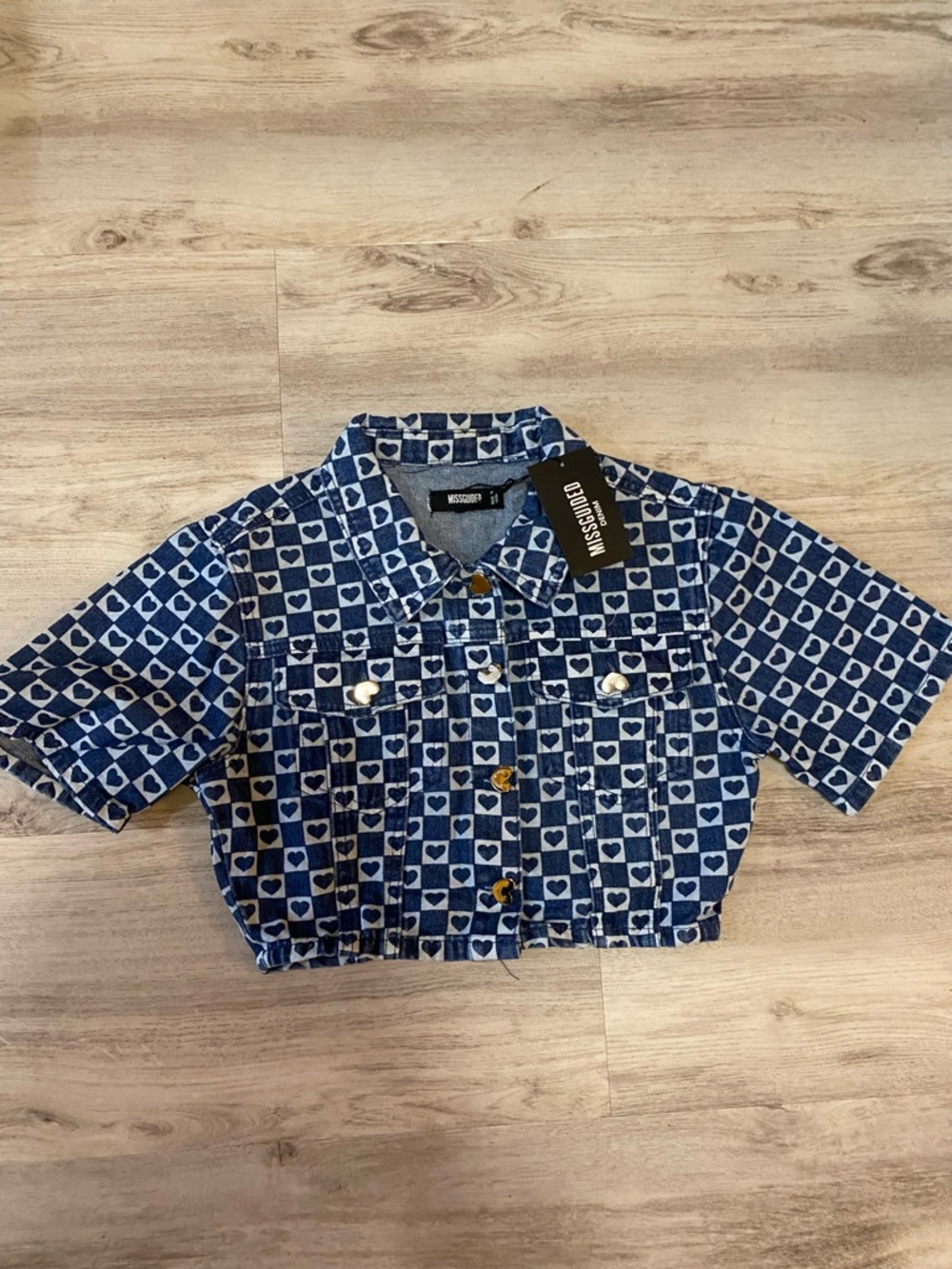 Missguided Blue Heart-Print Cropped Denim Jacket